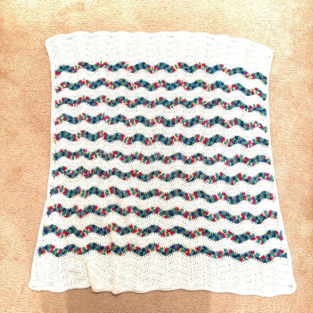 Hand Crocheted Baby Lap Blanket Rainbow Zig Zag Cottagecore Boho Throw 40x38